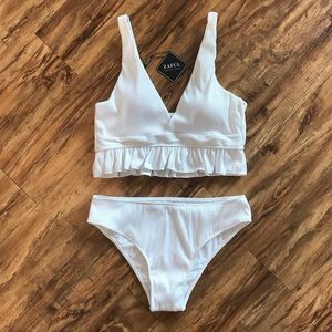 Zaful white ruffle textured ribbed tankini set